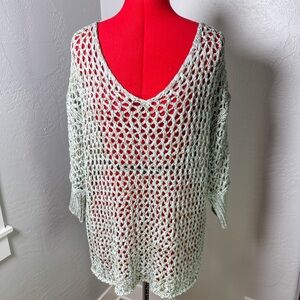 Moda International Mint Green Open Knit V-Neck Metallic Sweater Size L